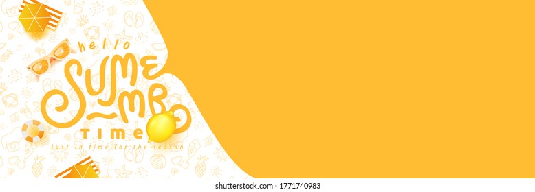 Summer banner design with beach accessories on the yellow background and copy space.