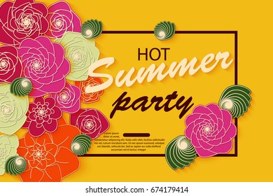 Summer banner design with bright paper flowers for party, for online shopping, advertising actions, magazines and websites. Vector illustration.
