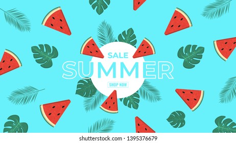 Summer banner design. Contour Typography element with palm leaves and slices of watermelon. Vector illustration