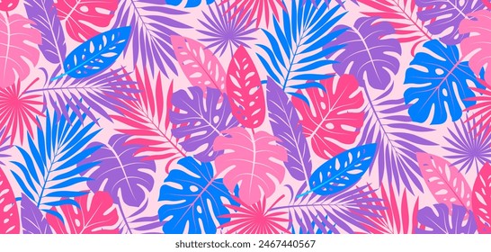 Summer banner design with exotic tropical palm and monstera leaves on pink background. Summer sale banner template with jungle leaves . Vector illustration in simple flat style