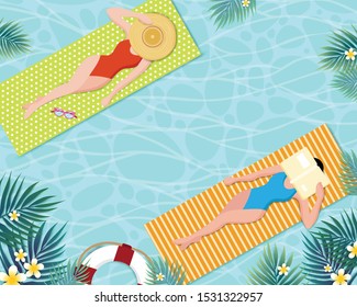 Summer banner design with groups of people sunbathing