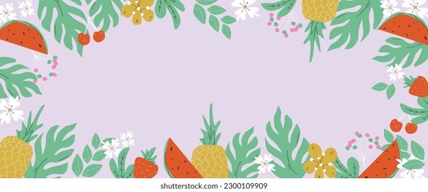 Summer banner design, illustration with exotic leaves, fruits and flowers. Vector.