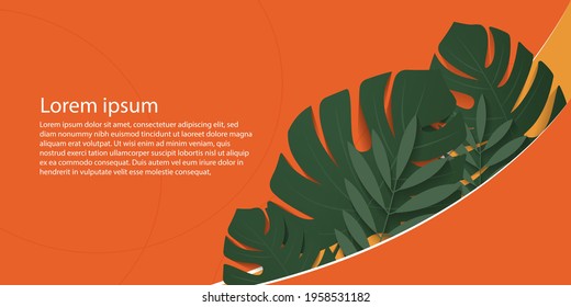 summer banner design. monstera leaves on yellow, orange and green wall background. mockup and templates to create greeting, cards, magazines, cover, poster and banners etc. vector illustration
