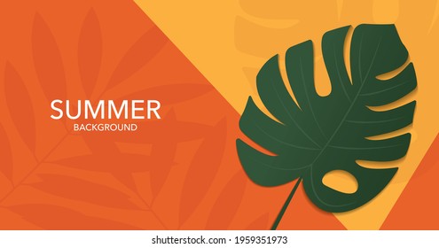 summer banner design. monstera leaves on yellow, orange and green wall background. mockup and templates to create greeting, cards, magazines, cover, poster and banners etc. vector illustration