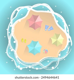 Summer banner design on a sandy beach background. Beach view from above. Beach umbrella. EPS 10