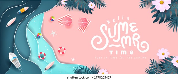 Summer banner design with paper cut tropical beach bright Color background.Paper art concept.