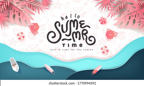 Summer banner design with paper cut tropical beach bright Color background.Paper art concept.