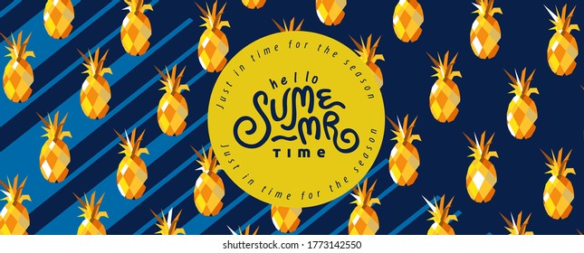 Summer banner design with Pattern pineapple retro style on blue background.Calligraphy summer holiday. 