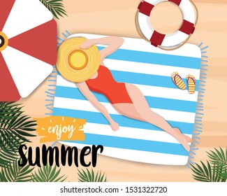 Summer banner design with people sunbathing and lifebuoy