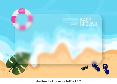 Summer banner design with square blurry glass effect on beautiful beach.