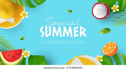 Plantilla de diseño de Anuncio de verano. Diseño de fondo azul con adorno tropical de verano