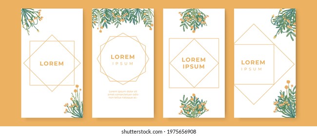 Summer banner design template for social media post or stories. Floral backgrounds with copy space for text with pink, orange, brush elements, green leaves. Abstract elements in hand drawn watercolor