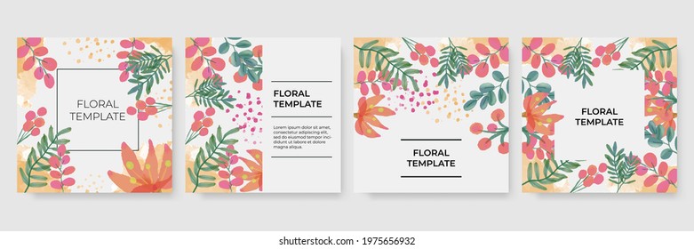 Summer banner design template for social media post or stories. Floral backgrounds with copy space for text with pink, orange, brush elements, green leaves. Abstract elements in hand drawn watercolor