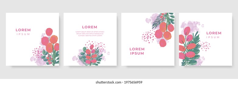 Summer banner design template for social media post or stories. Floral backgrounds with copy space for text with pink, orange, brush elements, green leaves. Abstract elements in hand drawn watercolor