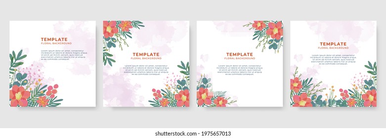 Summer banner design template for social media post or stories. Floral backgrounds with copy space for text with pink, orange, brush elements, green leaves. Abstract elements in hand drawn watercolor