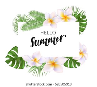 Summer banner design with tropical flowers and leaves