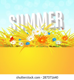 Summer banner design with wheat field, wild flowers, butterflies and word Summer
