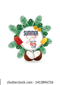 Summer banner design with white bacground for text and colorful beach elements in white background.
