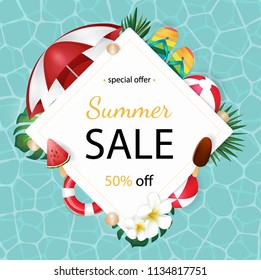Summer banner design with white circle for text and colorful beach elements. Vector illustration.