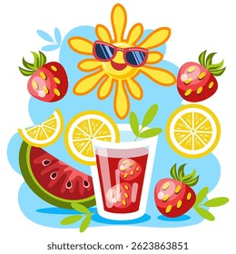 summer banner with drink fruits hello summer lemon wedge watermelon pineapple strawberry kiwi funny sun in glasses