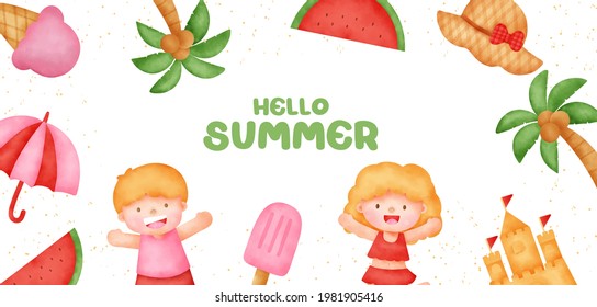  Summer banner with summer elements in watercolor style