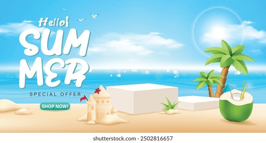 Summer banner with empty podium, coconuts fruit fresh and sand palace, grass, summer holiday, coconut tree, pile of sand on the beach with blue sky and sea background, EPS 10 vector