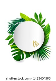 Summer banner with exotic leaves and place for text. For greetings, party invitation, wedding, web templates. Save the date card. Exotic botanical design for cosmetics, spa, beauty salon, travel.