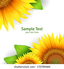 Summer banner, floral background or postcard template with yellow flowers of sunflower and green leaves