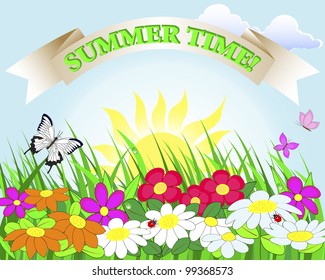 Summer banner. Flower lawn with ladybugs and butterflies. Vector Illustration.