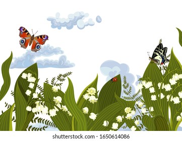 Summer banner with flowers and butterflies. Vector graphics.