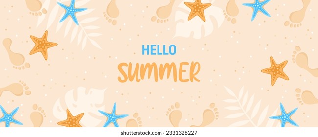 Summer banner with footprints of bare feet and starfish on the sand. Flat vector illustration