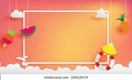 summer banner frame as horizontal contain white border ,sunset light shining on background and all objects floating over cloud, objects are hanging by string such as ice creme, pineapple  watermelon