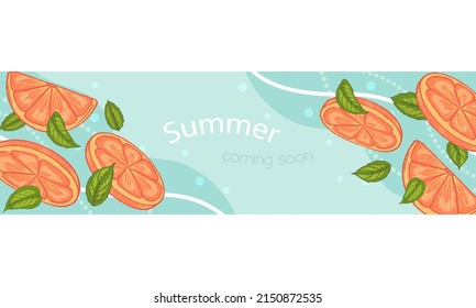 Summer banner with fresh oranges. Horizontal flyer. Top of site. Vector illustration. Cartoon style. 
