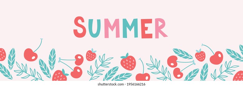 Cartel de verano. Diseño de fondo de fruta con fresa, cereza, hojas, ramas. Perfecto como afiche horizontal, tarjeta de saludo, encabezado del sitio web
