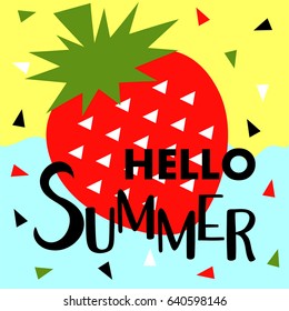 Summer banner with fruit, place for text with strawberry. Trendy seasonal vector background, brochure template.
