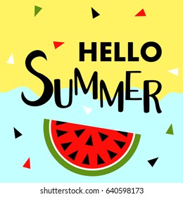 Summer banner with fruit, place for text with watermelon. Trendy seasonal vector background, brochure template.