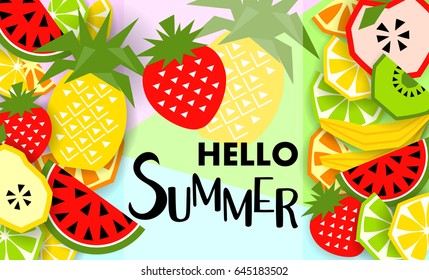 Summer banner with fruit, place for text. Trendy seasonal vector background, brochure template