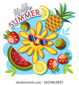 summer banner with fruits hello summer lemon wedge watermelon pineapple strawberry kiwi funny sun in glasses