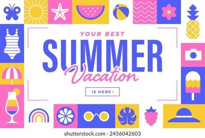 Summer banner with geometric frame. Summer vacation, holiday or camp design template with flat summer icons and symbols.