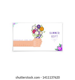 Summer banner - gift card, hand holding a bouquet of flowers, flat style.