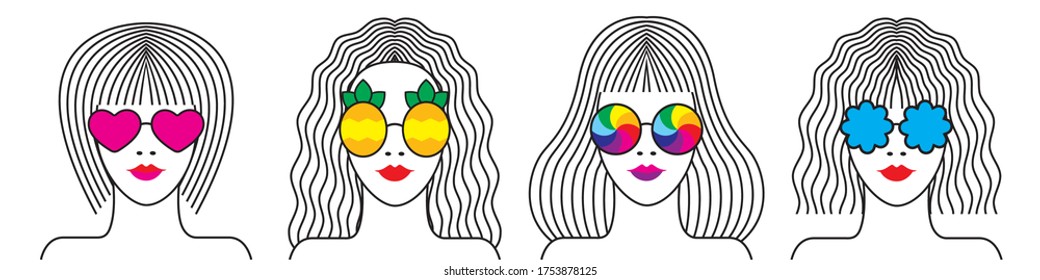 summer banner with girls in funny sunglasses. four different girls. linear drawing, bright color accents. stock vector illustration. EPS 10.