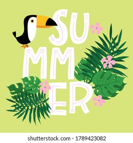 Banner de verano, fondo gráfico, inscripción floral exótica, volante o tarjeta. Ilustración vectorial de diseño plano.