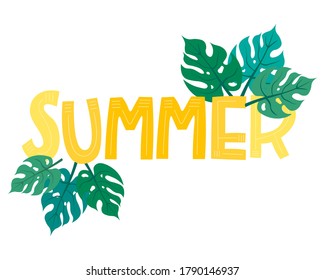 Banner de verano, fondo gráfico, inscripción floral exótica, volante o tarjeta. Ilustración vectorial de diseño plano.