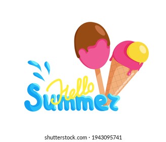 Summer banner, greeting card, postcard, flyer. Illustration with bright ice cream and lettering