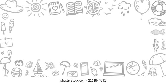 Summer banner. Hand drawn holiday elements on white. Summer holidays. Freehand web banner design. Black and white illustration