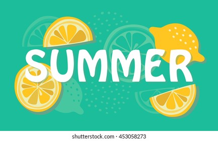 Summer banner with hand drawn lemons. Summer lettering card in fresh colors. Summer background with doodle lemons. Vector illustration.