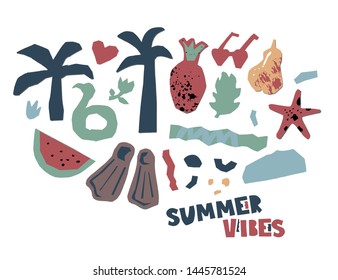 Summer banner with hand drawn lettering Summer vibes, pineapple, palm trees and sunglasses for banner, flyer, invitation, poster, web site or greeting card. Paper cut style, vector illustration