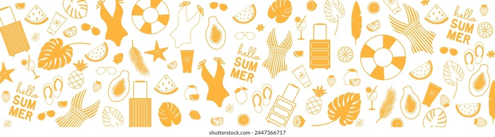 Summer banner with hand drawn swimsuits, sunglasses, fruits, tropical leaves and other summer icons. Vector illustration in warm colors