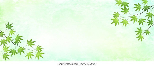 Summer banner or header illustration with blue maple branch and green Japanese paper background. Vector illustration.