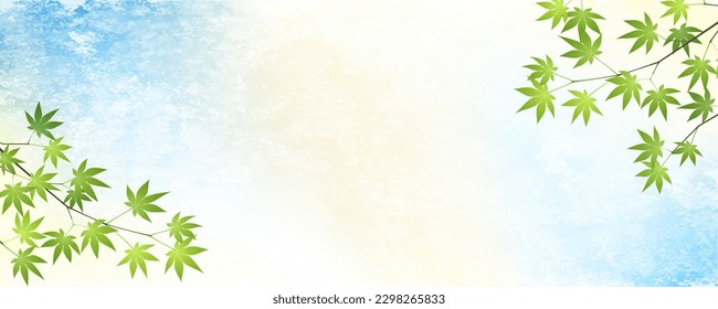 Banner de verano o ilustración de cabecera con rama de arce azul y fondo de papel japonés azul y beige. Ilustración vectorial.
